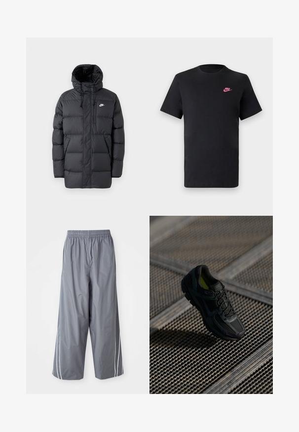 Black puffer jacket with a hood, featuring a zip front, elastic cuffs, side pockets, and a small logo on the chest. Textured, quilted design.; Black cotton t-shirt with a round neckline and short sleeves. Features a pink Nike logo on the upper left side. Smooth texture.; Gray, lightweight, synthetic wide-leg pants with an elastic waistband and white side stripes. Smooth texture with a casual design.; Black athletic shoe with mesh and synthetic upper, textured surface, cushioned sole, and laces. Vibrant yellow interior accents.