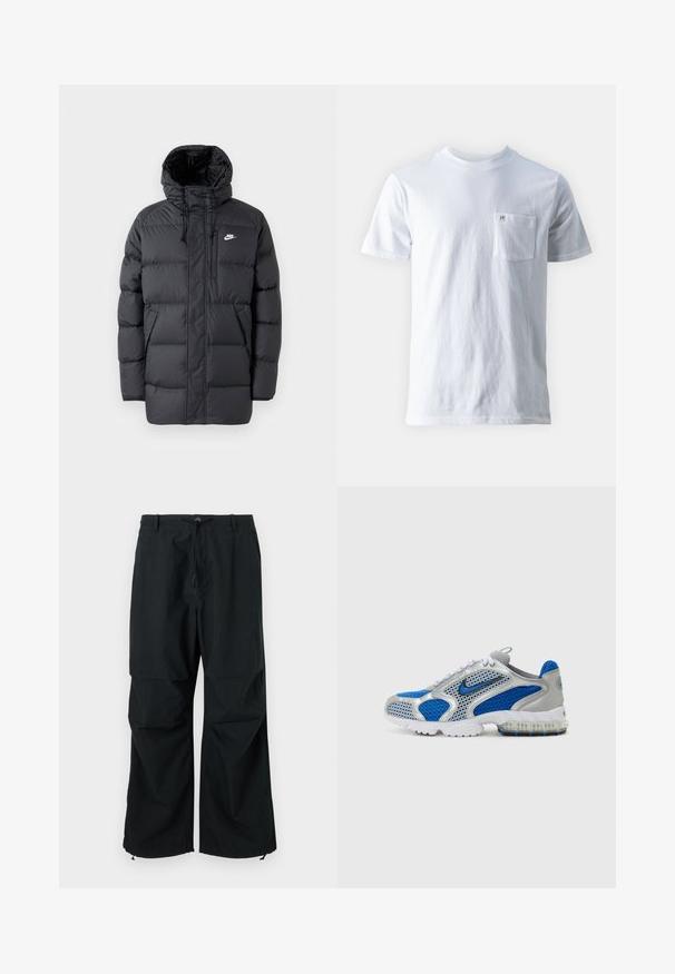 Casaco de puffer preto com capuz, apresentando fecho éclair à frente, punhos elásticos, bolsos laterais e um pequeno logótipo no peito. Design texturizado e acolchoado.; Camisa de algodão branca com decote redondo, mangas curtas e um bolso no peito esquerdo, com um pequeno logotipo no bolso. Textura suave.; Calças largas pretas com cintura elástica e cordão. Feitas de um tecido leve e texturado. Design simples.; Sapatilhas atléticas azuis e prateadas com painéis em malha, um colarinho almofadado e uma sola translúcida com detalhes em azul. Os atacadores em contraste completam o design.
