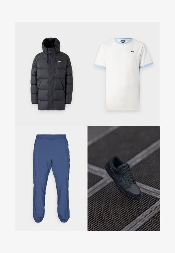 Crna puffer jakna s kapuljačom, s patentnim zatvaračem sprijeda, elastičnim manžetama, bočnim džepovima i malim logotipom na prsima. Tekstura s kviltovima.; Bijela pamučna majica s svijetloplavim rebrastim ovratnikom i rubovima rukava. Ima mali crveni i narančasti logotip na prsima. Klasičan kroj.; Plave atletske hlače izrađene od laganog materijala. Imaju elastičnu traku u struku, rukave oko članaka i bočne džepove sa patentnim zatvaračem.; Crne kožne Nike tenisice s okruglim vrhom, perforiranim prednjim dijelom i teksturiranom gumom potplatom. Uključuju vezice i suptilno brendiranje.