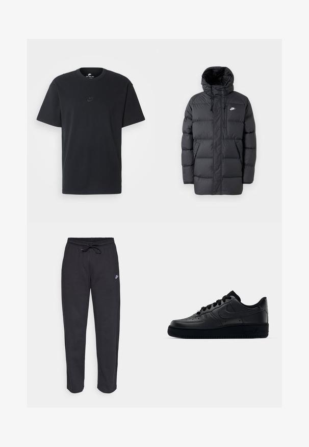 Svart puffjacka med huva, med dragkedja fram, elastiska ärmslut, sidofickor och en liten logotyp på bröstet. Texturerad, vadderad design.; Svart t-shirt i bomull från Nike med klassisk rund halsringning, korta ärmar och en diskret, präglad logotyp på bröstet. Slät textur.; Svarta träningsbyxor i mjukt tyg med elastisk midja, dragsko och en liten Nike-logotyp på vänster lår.; Svart Nike Air Force 1-sneaker med en slät läderöverdel, perforerad tå för andningsförmåga, svarta snören och en strukturerad gummisula.