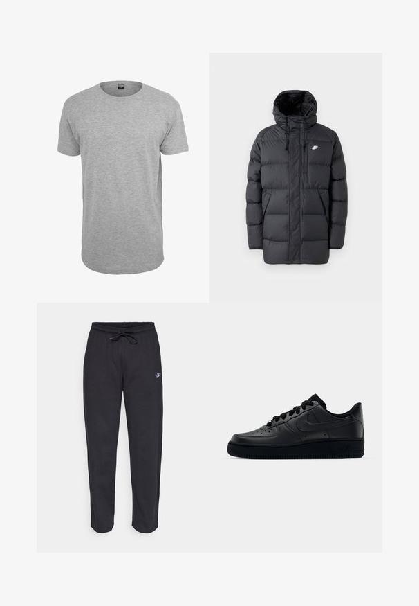 Črna puffer jakna s kapuco, z zadrgo spredaj, elastičnimi manšeti, stranskimi žepi in majhnim logotipom na prsih. Teksturiran, prešit dizajn.; Siva bombažna majica s kratkimi rokavi in okroglo izrezom, ravnim robom in mehko teksturo; minimalno označevanje vidno pri izrezu.; Črne trenirke iz mehkega materiala z elastičnim pasom, vrvico in majhnim logotipom Nike na levem stegnu.; Črne Nike Air Force 1 športne copate z gladkim usnjem, perforirano konico za zračnost, črnimi vezalkami in teksturirano gumijasto podplatom.