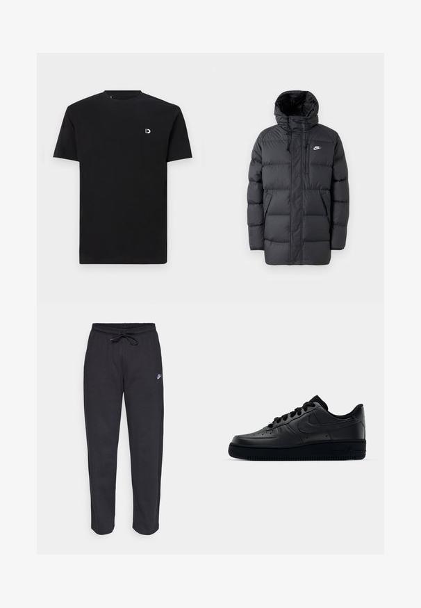 Black puffer jacket with a hood, featuring a zip front, elastic cuffs, side pockets, and a small logo on the chest. Textured, quilted design.; Black cotton t-shirt with short sleeves, round neckline, and a small white logo on the left chest area. Smooth texture, simple design.; Black sweatpants made of soft fabric with an elastic waistband, drawstring, and a small Nike logo on the left thigh.; Black Nike Air Force 1 sneaker with a smooth leather upper, perforated toe for breathability, black laces, and a textured rubber sole.