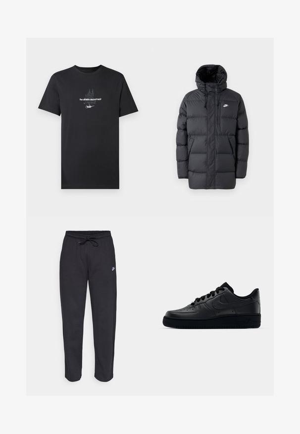 Czarna puchowa kurtka z kapturem, z zamkiem z przodu, elastycznymi mankietami, kieszeniami bocznymi i małym logo na klatce piersiowej. Teksturowany, pikowany wzór.; Czarny bawełniany t-shirt z białym nadrukiem zawierającym tekst, w tym "the athletic department" oraz "nike", z krótkimi rękawami.; Czarne dresy wykonane z miękkiego materiału, z elastycznym pasem, sznurkiem do ściągania i małym logo Nike na lewej udzie.; Czarne sneakersy Nike Air Force 1 z górną częścią wykonaną z gładkiej skóry, perforowanym noskiem dla lepszej wentylacji, czarnymi sznurówkami oraz teksturowaną gumową podeszwą.