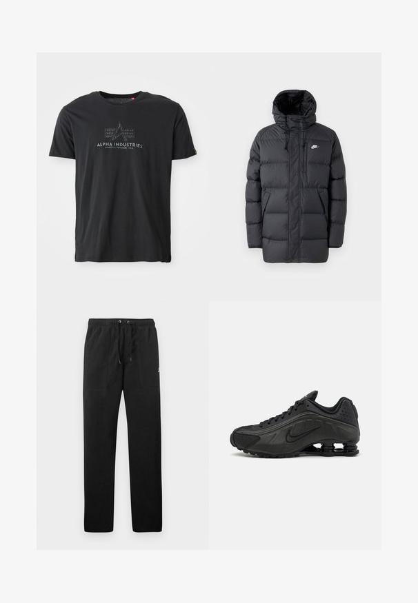 Black puffer jacket with a hood, featuring a zip front, elastic cuffs, side pockets, and a small logo on the chest. Textured, quilted design.; Black cotton crew neck t-shirt featuring a textured logo print with the words "ALPHA INDUSTRIES" and a triangular design in the center.; Black sweatpants made of fleece, featuring an elastic waistband with drawstrings, two front pockets, and a small logo on the thigh.; Black running shoes featuring a smooth synthetic upper, perforated accents, textured side panels, and a distinct springy sole.