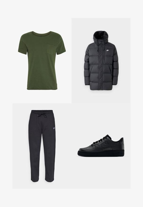 Juodas pūkinis paltas su kapuci, su užtrauktuku priekyje, elastiniais rankogaliais, šoninėmis kišenėmis ir mažą logotipą krūtinėje. Struktūruotas, siuvinėtas dizainas.; Žalia medvilninė marškinė su trumpomis rankovėmis, apvaliu iškirpimu ir krūtine kišene. Pasižymi minimaliu siuvimu ir lygiu, minkštu tekstūru.; Juodos sportinės kelnės, pagamintos iš minkštos medžiagos, su elastinga juostele, raišteliu ir mažuoju Nike logotipu kairiajame šlaunyje.; Juodi Nike Air Force 1 sportbačiai su lygia odine viršutine dalimi, perforuotu kepurėle kvėpuojamumui, juodomis raištelėmis ir tekstūruotu guminį padu.