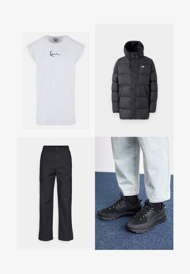 Svart boblejakke med hette, med glidelås i front, elastiske mansjetter, sidelommer og en liten logo på brystet. Strukturert, quiltet design.; Karl Kani SMALL SIGNATURE TEE - Topper - white; Svart cargo-bukser med rett ben-design, har side-lommer og en teksturert stoff. Knapplukking i midjen for en sikker passform.; Svarte sportssko med teksturert stoff og gummisåler, med elastiske lisser og en blå detalj på hælen. Brukt med lyse denimbukser.