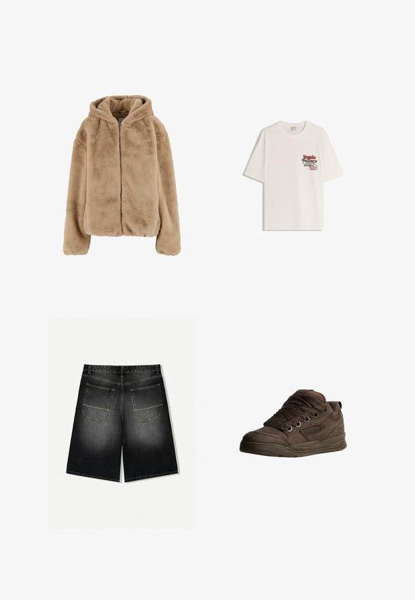 Faux fur hooded jacket in light beige, featuring a zip closure, relaxed fit, and soft texture with a smooth interior lining.; White cotton t-shirt with short sleeves, round neckline. Features a printed graphic in red and black text on the left chest area.; Denim shorts in black gradient, featuring a relaxed fit, two back pockets with yellow stitching, and a straight cut ending at mid-thigh.; Brown athletic shoes made of smooth synthetic material. Features thick laces, mesh accents, padded collar, and textured rubber sole.