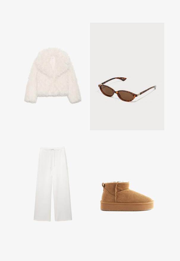White faux fur cropped jacket with a wide collar, long sleeves, and textured surface; features a hidden front closure and soft lining.; Light brown long-sleeve sweater made of soft fabric, featuring a rounded neckline and ribbed texture. Simple, unembellished design.; Loose white wide-leg pants with an elastic waistband and drawstring, designed for casual wear.; Brown suede ankle boot with a soft interior lining, rounded toe, and flat rubber sole. Features a stitched seam and a back pull tab.; Tortoiseshell sunglasses with oval lenses, brown tinted glass, slim arms, and gold-tone metal accents near the hinges.; United Colors of Benetton WITH CABLE - Scarf - white; Brown suede hobo bag with a curved, wide handle and a large opening. Soft texture with visible stitching detailing along the edges.