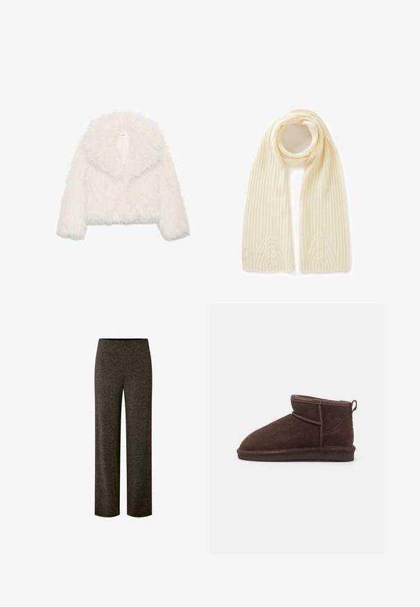 Witte nepbont cropped jas met een brede kraag, lange mouwen en een gestructureerd oppervlak; beschikt over een verborgen sluiting aan de voorkant en een zachte voering.; Lichtbruine langemouwtrui van zacht materiaal, met een ronde hals en ribbelstructuur. Eenvoudig, ongecompliceerd ontwerp.; Donkergrijze wijdvallende broek met een elastische tailleband, gemaakt van zachte gebreide stof, weergegeven tegen een plain witte achtergrond.; Bianco BIASNOW - Enkelkaarsjes - dark brown; United Colors of Benetton WITH CABLE - Sjaal - white; Bruin suède hobo tas met een gebogen, brede handgreep en een grote opening. Zachte textuur met zichtbare stiksels langs de randen.