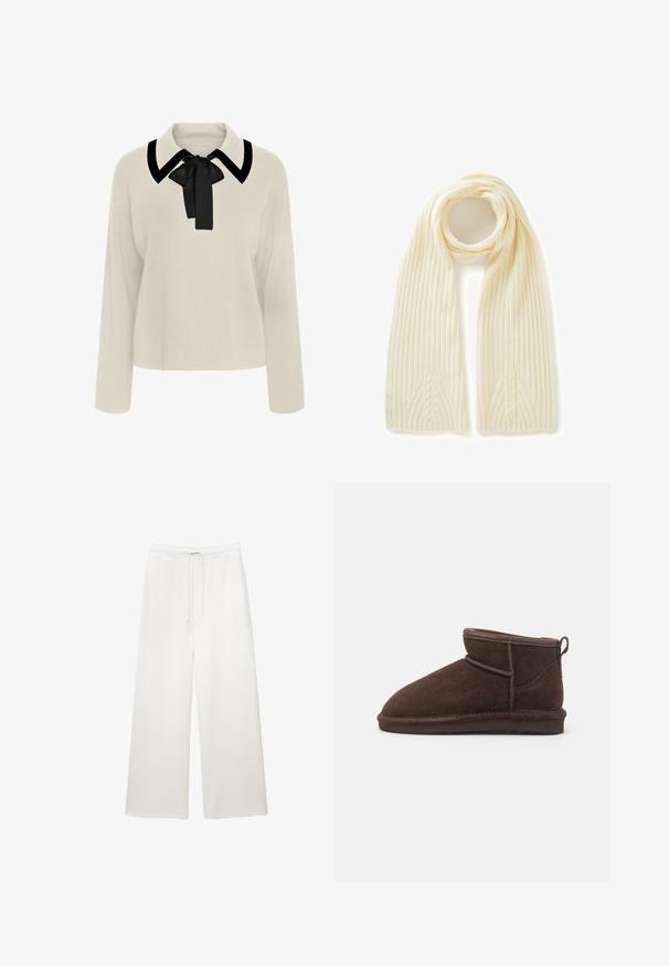 Witte nepbont cropped jas met een brede kraag, lange mouwen en een gestructureerd oppervlak; beschikt over een verborgen sluiting aan de voorkant en een zachte voering.; Beige blouse met lange mouwen, een zwarte kraag en strikdetail. Zachte textuur, relaxte pasvorm en een cropped lengte ontwerp.; Losse witte wijde broek met een elastische tailleband en trekkoord, ontworpen voor casual gebruik.; Bianco BIASNOW - Enkelkaarsjes - dark brown; United Colors of Benetton WITH CABLE - Sjaal - white; Bruin suède hobo tas met een gebogen, brede handgreep en een grote opening. Zachte textuur met zichtbare stiksels langs de randen.