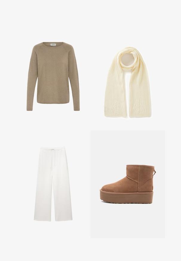 Giacca cropped in pelliccia sintetica bianca con colletto ampio, maniche lunghe e superficie testurizzata; presenta una chiusura frontale nascosta e imbottitura morbida.; Maglione a maniche lunghe color marrone chiaro realizzato in tessuto morbido, con scollo rotondo e texture a coste. Design semplice e privo di decorazioni.; Pantaloni bianchi larghi e morbidi con vita elastica e cordoncino, progettati per un look casual.; Stivale alla caviglia in suede beige con suola platform, punta rotonda e dettagli di cucitura; presenta un inserto sul retro per una facile calzata.; United Colors of Benetton WITH CABLE - Sciarpa - white; Borsa hobo in suede marrone con una maniglia curva e larga e un'ampia apertura. Tessuto morbido con dettagli di cucitura visibili lungo i bordi.