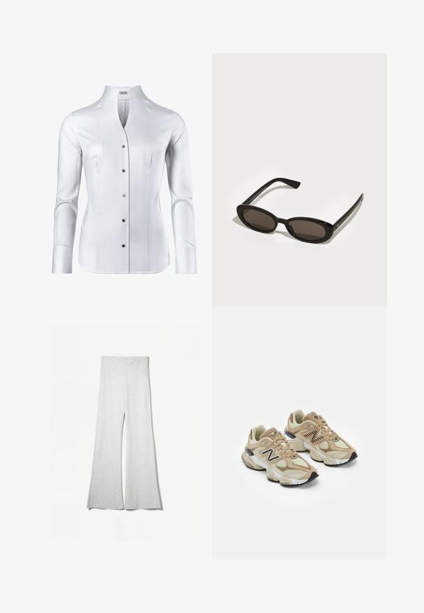 Witte nepbont cropped jas met een brede kraag, lange mouwen en een gestructureerd oppervlak; beschikt over een verborgen sluiting aan de voorkant en een zachte voering.; Witte lange mouwen blouse met een hoge kraag, getailleerd ontwerp, gladde textuur en zes zwarte knopen aan de voorkant.; Lichtgrijze, wide-leg broek gemaakt van zachte stof, met een hoge tailleband en zijsplitten voor extra flow en comfort.; Beige sneakers van mesh en nubuck materialen. Bevat een zwart logo en gegrandeerde accenten. Dikke witte tussenzool en zwarte rubberen buitenzool.; Zwarte zonnebril met ovale, semi-randloze lenzen. Glanzende montuur en slanke armen. Donkergetinte lenzen met minimale hardwaredetails.
