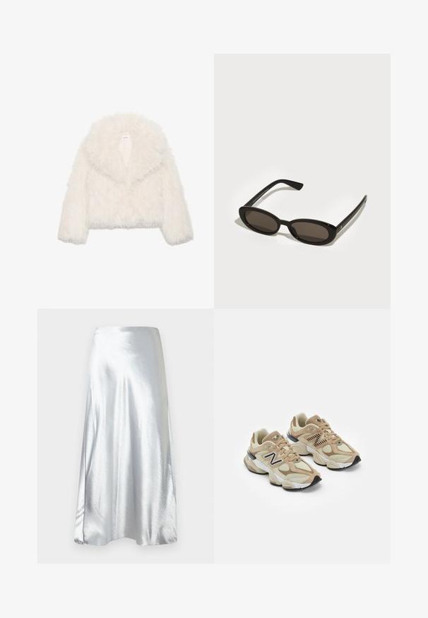 Witte nepbont cropped jas met een brede kraag, lange mouwen en een gestructureerd oppervlak; beschikt over een verborgen sluiting aan de voorkant en een zachte voering.; Witte blouse met lange mouwen en een brede halslijn, gemaakt van zachte stof. Soepele textuur, rechte zoom en geen zichtbare hardware of patronen.; Zilveren satijnen midi rok met een gladde textuur, uitlopende ontwerp en subtiele glans. Heeft een rechte tailleband en een A-lijn silhouet.; Beige sneakers van mesh en nubuck materialen. Bevat een zwart logo en gegrandeerde accenten. Dikke witte tussenzool en zwarte rubberen buitenzool.; Zwarte zonnebril met ovale, semi-randloze lenzen. Glanzende montuur en slanke armen. Donkergetinte lenzen met minimale hardwaredetails.