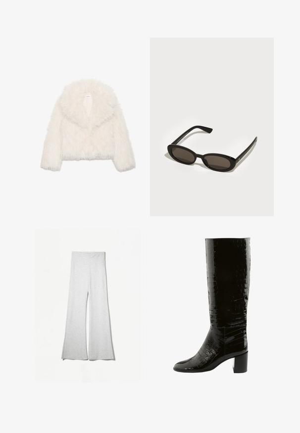 Veste courte en fausse fourrure blanche avec un large col, des manches longues et une surface texturée ; dotée d'une fermeture frontale discrète et d'un intérieur doux.; Chemise blanche à manches longues avec un décolleté large, fabriquée en tissu doux. Texture lisse, ourlet droit et sans éléments métalliques ou motifs visibles.; Pantalons larges gris clair en tissu doux, avec une taille haute et des fentes latérales pour plus de fluidité et de confort.; Bottes noires jusqu'aux genoux avec une texture crocodile brillante et un talon carré. Design épuré avec une pointe arrondie et une finition lisse.; Lunettes de soleil noires avec des verres ovales semi-montés. Monture brillante et branches élégantes. Verres teintés foncés avec des détails de quincaillerie minimes.