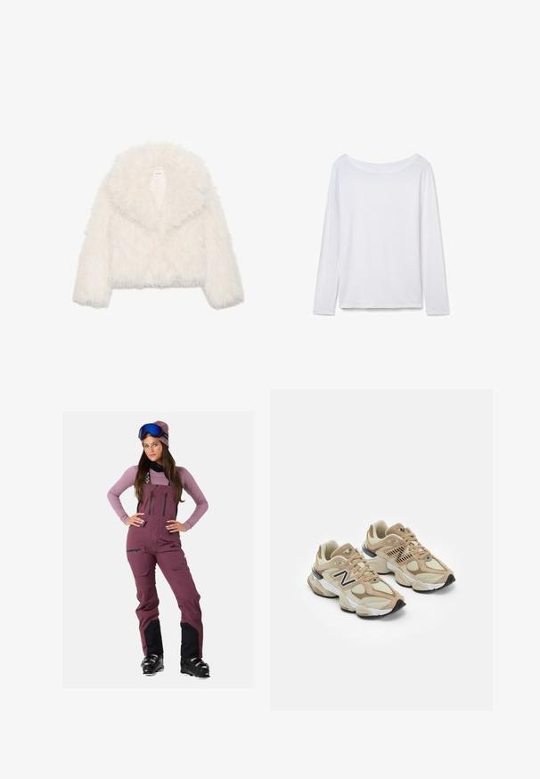 White faux fur cropped jacket with a wide collar, long sleeves, and textured surface; features a hidden front closure and soft lining.; Long-sleeve white shirt with a wide neckline, made from soft fabric. Smooth texture, straight hem, and no visible hardware or patterns.; Maroon ski overall with black accents, adjustable straps, multiple zippered pockets, paired with a light purple long-sleeve shirt and ski goggles.; Beige sneakers with mesh and suede materials. Features a black logo and textured accents. Thick white midsole and black rubber outsole.