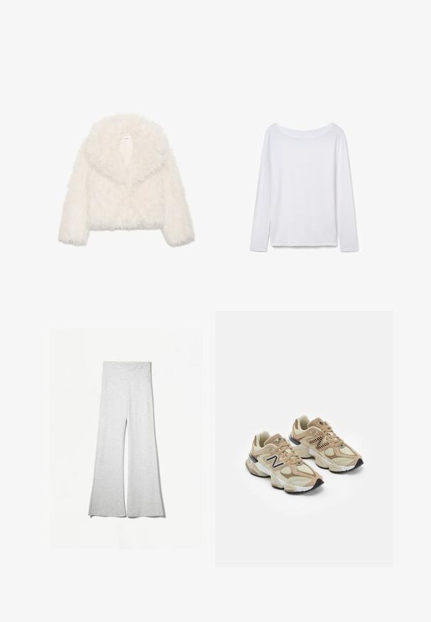 Hvid faux fur cropped jakke med en bred krave, lange ærmer og tekstureret overflade; har en skjult frontlukning og blød foering.; Langærmet hvid skjorte med vid halsudskæring, lavet af blødt stof. Glat tekstur, lige kant og ingen synlig hardware eller mønstre.; Lys grå brede bukser lavet af blødt stof, med en højtalje og sideslidser for ekstra bevægelse og komfort.; Beige sneakers med mesh og suede materialer. Har et sort logo og teksturerede accenter. Tyk hvid mellemsål og sort gummisål.