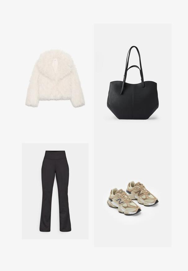 Bílá umělá kožešinová cropped bunda s širokým límcem, dlouhými rukávy a texturovaným povrchem; má skryté zapínání vboku a měkkou podšívku.; Bílé tričko s dlouhým rukávem a širokým výstřihem, vyrobené z měkké tkaniny. Hladký povrch, rovný lem, bez viditelných doplňků nebo vzorů.; Černé rozšířené jogové kalhoty vyrobené z elastického materiálu. Vysoký pas, hladká textura a žádné viditelné vzory nebo detaily hardware.; Béžové tenisky vyrobené z materiálů síťoviny a semiše. Obsahují černé logo a texturované prvky. Silná bílá mezipodešev a černá gumová podrážka.; Černá taška přes rameno z hladké texturované kůže, zaoblený vrchol a dvojité dlouhé uši. Disponuje úhlovým dnem pro stabilitu a strukturovaný design.