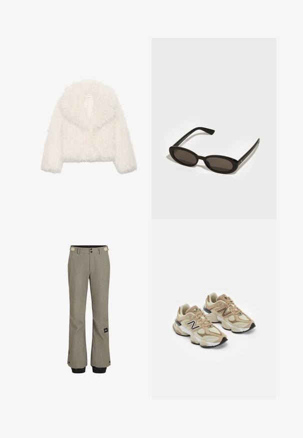 Chaqueta corta de felpa blanca con cuello ancho, mangas largas y superficie texturizada; cuenta con un cierre frontal oculto y un forro suave.; Camisa blanca de manga larga con un escote amplio, hecha de una tela suave. Textura lisa, dobladillo recto y sin hardware o patrones visibles.; Pantalones de esquí de color gris claro con un acabado texturizado, que cuentan con puños elásticos negros, dos botones y un parche de logo en el lateral.; Zapatillas beige con materiales de malla y ante. Presenta un logo negro y acentos texturizados. Suela media blanca gruesa y suela exterior negra de goma.; Gafas de sol negras con lentes ovalados y semi-montura. Montura brillante y brazos elegantes. Lentes de tintado oscuro con detalles de hardware mínimos.
