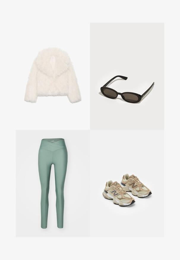 Weiße Kunstpelz-gekürzte Jacke mit breitem Kragen, langen Ärmeln und strukturierter Oberfläche; verfügt über einen verdeckten Frontverschluss und ein weiches Innenfutter.; Langärmliges weißes Hemd mit weitem Ausschnitt, aus weichem Stoff. Sanfte Textur, gerader Saum und keine sichtbaren Beschläge oder Muster.; Grüne hoch geschnittene Leggings mit einem Überkreuz-Bund, aus dehnbarem Material gefertigt, mit einer glatten Textur und passgenauer Form.; Beige Sneaker aus Mesh- und Wildledermaterialien. Mit einem schwarzen Logo und strukturierten Akzenten. Dicke weiße Zwischensohle und schwarze Gummisohle.; Schwarze Sonnenbrille mit ovalen, halbrandlosen Gläsern. Glänzende Rahmen und schlanke Bügel. Dunkel getönte Gläser mit minimalen Hardware-Details.
