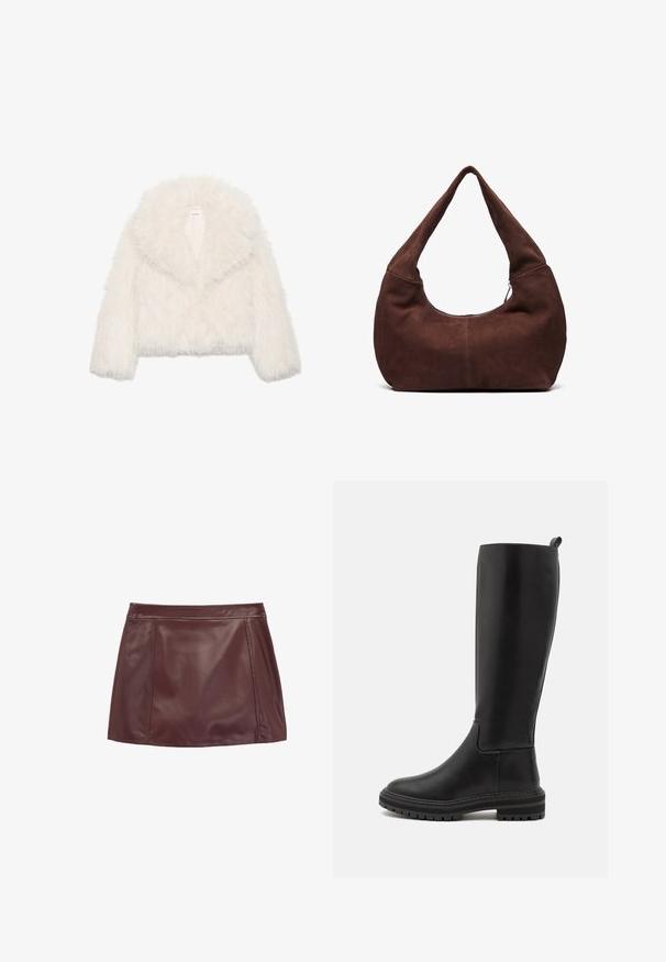 White faux fur cropped jacket with a wide collar, long sleeves, and textured surface; features a hidden front closure and soft lining.; Burgundy long-sleeve top with white horizontal stripes. Features a round neckline and side slits at the hem for a relaxed fit.; Burgundy leather mini skirt with a smooth texture, featuring a fitted waistband and side panels for structured design.; Knee-high black leather boots with a smooth finish, rounded toe, low rubber sole, and minimal stitching detail.; Brown suede hobo bag with a curved, wide handle and a large opening. Soft texture with visible stitching detailing along the edges.