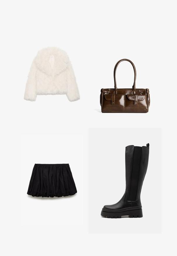 Hvid faux fur cropped jakke med en bred krave, lange ærmer og tekstureret overflade; har en skjult frontlukning og blød foering.; Bordeaux langærmet top med hvide vandrette striber. Har en rund halsudskæring og sidesplitter i kanten for en afslappet pasform.; Sort nederdel lavet af bomuld, med en sammensat design, elastisk talje og en voluminøs form med en glat tekstur.; Sorte knæhøje støvler lavet af glat læder med elastiske sidepaneler, chunky platformsål og ribbet tekstur i bunden.; Brun syntetisk håndtaske med en blank overflade, der har to frontlommer, syede detaljer og dobbelte håndtag til bæring.