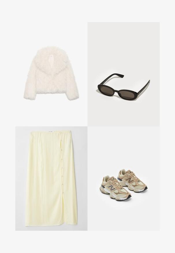 Balta dirbtinio kailio trumpa striukė su plačiu apykakle, ilgomis rankovėmis ir tekstūruotu paviršiumi; turi paslėptą priekio užsegimą ir minkštą pamušalą.; Baltas be rankovių marškinėlis, pagamintas iš išklotinės medžiagos, su apvaliu iškirpimu ir prigludusia siluetu, minimaliais siūlais ir be dekoracijų.; Ilgas, šviesiai geltonas sijonas, pagamintas iš minkštos medžiagos, su šonine skyle ir mygtukų uždarymu, pasižymintis lygiu paviršiumi ir laisvu siluetu.; Šviesiai rudos sportbačiai, pagaminti iš tinklinės ir zomšos medžiagų. Ypač išryškintas juodas logotipas ir tekstūruoti akcentai. Storas baltas tarpkalnis ir juodas gumos padas.; Juodos saulės akiniai su ovaliomis, pusiau rėminėmis lęšiais. Blizgūs rėmeliai ir elegantiškos rankenos. Tamsiai tonuoti lęšiai su minimaliais aparatūros akcentais.