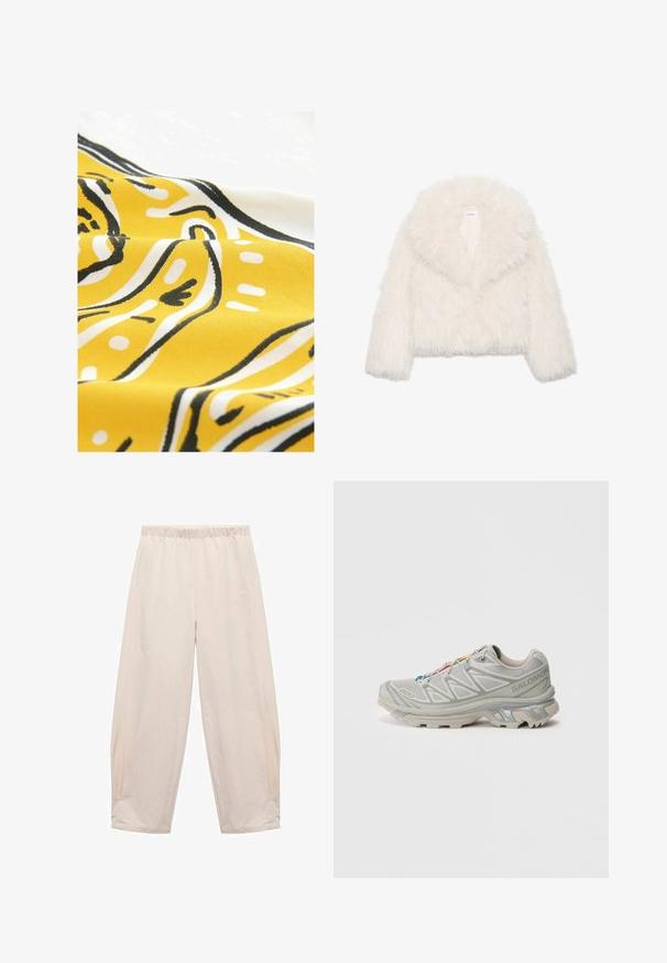 Witte nepbont cropped jas met een brede kraag, lange mouwen en een gestructureerd oppervlak; beschikt over een verborgen sluiting aan de voorkant en een zachte voering.; Geel stof met zwart-witte abstracte patronen. Het materiaal heeft een gladde textuur en vertoont gebogen lijnen en stippen in een speels ontwerp.; Elastische taillebroek in lichtbeige. Gemaakt van zachte stof met zijzakken en een ontspannen, losse pasvorm. Afgemeten bij de enkel.; Lichtgrijze sportschoen met een gestructureerd mesh bovenwerk, reflecterende accenten, een opvallende profielzool en kleurrijke veters. Heeft een ondersteunend ontwerp.