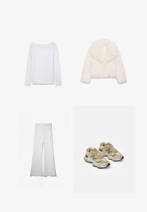 Kort hvid faux pelsjakke med lange ærmer og bred krave, der har en blød, fluffy tekstur og et cropped design.; Langærmet hvid skjorte med vid halsudskæring, lavet af blødt stof. Glat tekstur, lige kant og ingen synlig hardware eller mønstre.; Lys grå brede bukser lavet af blødt stof, med en højtalje og sideslidser for ekstra bevægelse og komfort.; Beige sneakers med mesh og suede materialer. Har et sort logo og teksturerede accenter. Tyk hvid mellemsål og sort gummisål.