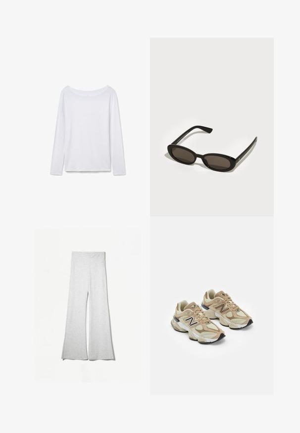 Hvid faux fur cropped jakke med en bred krave, lange ærmer og tekstureret overflade; har en skjult frontlukning og blød foering.; Langærmet hvid skjorte med vid halsudskæring, lavet af blødt stof. Glat tekstur, lige kant og ingen synlig hardware eller mønstre.; Lys grå brede bukser lavet af blødt stof, med en højtalje og sideslidser for ekstra bevægelse og komfort.; Beige sneakers med mesh og suede materialer. Har et sort logo og teksturerede accenter. Tyk hvid mellemsål og sort gummisål.; Sorte solbriller med ovale, semi-besluttede linser. Glansfulde stel og slanke arme. Mørkt tonede linser med minimale hardwaredetaljer.