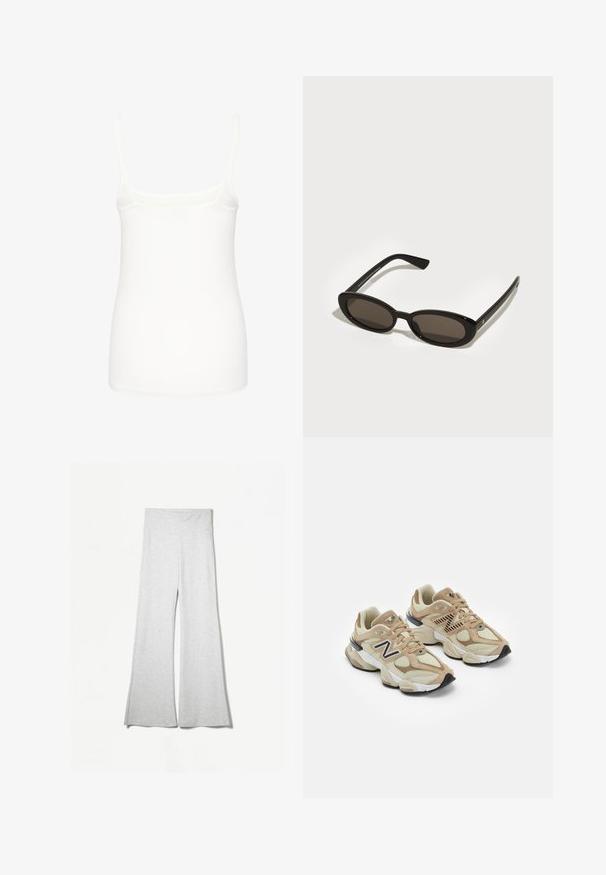 White faux fur cropped jacket with a wide collar, long sleeves, and textured surface; features a hidden front closure and soft lining.; White sleeveless camisole made of smooth fabric, featuring thin straps and a fitted design with a straight hem. No additional patterns or accents.; Light gray wide-leg pants made from soft fabric, featuring a high waistband and side slits for added flow and comfort.; Beige sneakers with mesh and suede materials. Features a black logo and textured accents. Thick white midsole and black rubber outsole.; Black sunglasses with oval, semi-rimless lenses. Glossy frames and sleek arms. Dark tinted lenses with minimal hardware details.; Brown suede hobo bag with a curved, wide handle and a large opening. Soft texture with visible stitching detailing along the edges.