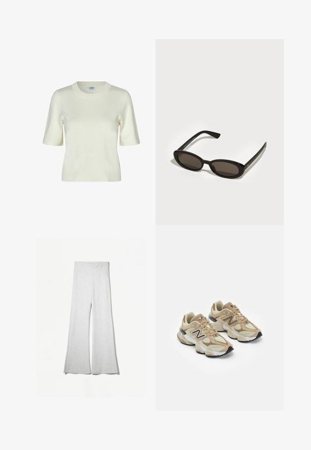 Bílá umělá kožešinová cropped bunda s širokým límcem, dlouhými rukávy a texturovaným povrchem; má skryté zapínání vboku a měkkou podšívku.; Pletený svetr s krátkým rukávem v barvě slonové kosti, s kulatým výstřihem a hladkou, jemnou texturou. Jednoduchý a klasický design.; Světlé šedé kalhoty s širokými nohavicemi vyrobené z měkké látky, s vysokým pasem a bočními rozparky pro větší volnost a pohodlí.; Béžové tenisky vyrobené z materiálů síťoviny a semiše. Obsahují černé logo a texturované prvky. Silná bílá mezipodešev a černá gumová podrážka.; Černé sluneční brýle s oválnými, polorámovými čočkami. Lesklé rámy a štíhlé nožičky. Tmavě zabarvené čočky s minimem kovových detailů.