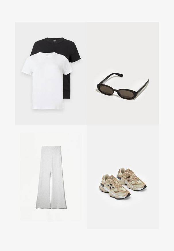 Fehér műszőrme rövidített dzseki széles gallérral, hosszú ujjal és texturált felülettel; rejtett elülső záródása és puha bélése van.; Két póló: az egyik fehér, a másik fekete, mindkettő rövid ujjú és kerek nyakú, pamutból készült, sima textúrájú.; Világosszürke, rakott szárú nadrág, puha anyagból készült, magas derékkal és oldalslícekkel a könnyedebb mozgásért és kényelemért.; Beige sportcipők hálós és bőrszövet anyagból. Fekete logóval és texturált részletekkel rendelkezik. Vastag fehér középtalpa és fekete gumi talpa van.; Fekete napszemüveg ovális, félkeretes lencsékkel. Fényes keretek és karcsú szárak. Sötét árnyalatú lencsék minimális hardver részletekkel.