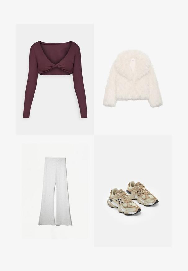 Witte nepbont cropped jas met een brede kraag, lange mouwen en een gestructureerd oppervlak; beschikt over een verborgen sluiting aan de voorkant en een zachte voering.; Langsleeve, diep bordeaux cropped top gemaakt van soepele stof, met een gedraaid ontwerp aan de voorkant en een brede V-hals.; Lichtgrijze, wide-leg broek gemaakt van zachte stof, met een hoge tailleband en zijsplitten voor extra flow en comfort.; Beige sneakers van mesh en nubuck materialen. Bevat een zwart logo en gegrandeerde accenten. Dikke witte tussenzool en zwarte rubberen buitenzool.