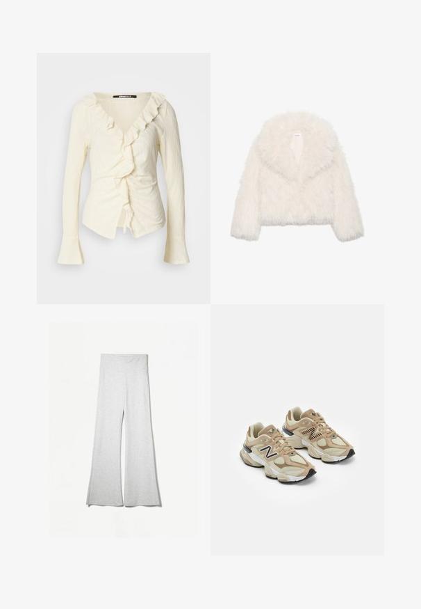 White faux fur cropped jacket with a wide collar, long sleeves, and textured surface; features a hidden front closure and soft lining.; Cream long-sleeve blouse featuring a V-neckline, ruffled trim, gathered side, and bell-shaped sleeves. Made from lightweight, textured fabric.; Light gray wide-leg pants made from soft fabric, featuring a high waistband and side slits for added flow and comfort.; Beige sneakers with mesh and suede materials. Features a black logo and textured accents. Thick white midsole and black rubber outsole.
