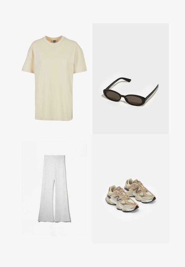 Biely umelý kožúšok s krátkym strihom, širokým golierom, dlhými rukávmi a textúrovaným povrchom; obsahuje skrytú prednú sponu a mäkkú podšívku.; Krémový tričko s okrúhlym výstrihom vyrobené z mäkkej bavlny. Má krátke rukávy a voľný strih bez viditeľných vzorov alebo akcentov.; Svetlosivé široké nohavice vyrobené z mäkkej tkaniny, s vysokým pásom a postrannými rozparkom pre väčšiu voľnosť a pohodlie.; Béžové tenisky s kombináciou sieťoviny a semišu. Obsahujú čierne logo a štruktúrované akcenty. Hladká biela medzipodrážka a čierna gumová podrážka.; Čierne slnečné okuliare s oválnymi, polorámovými šošovkami. Lesklé rámce a štíhle strany. Tmavo zafarbené šošovky s minimálnymi detailmi kovania.