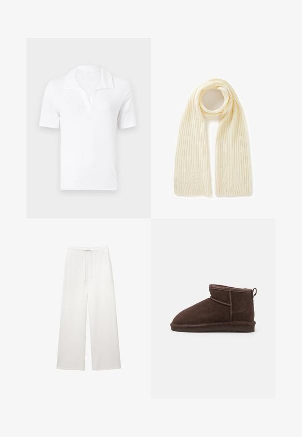 Giacca cropped in pelliccia sintetica bianca con colletto ampio, maniche lunghe e superficie testurizzata; presenta una chiusura frontale nascosta e imbottitura morbida.; Polo shirt bianco in cotone con colletto, maniche corte e un leggero scollo a V. Texture liscia, design semplice e minimalista.; Pantaloni bianchi larghi e morbidi con vita elastica e cordoncino, progettati per un look casual.; Bianco BIASNOW - Tronchetti - dark brown; United Colors of Benetton WITH CABLE - Sciarpa - white; Borsa hobo in suede marrone con una maniglia curva e larga e un'ampia apertura. Tessuto morbido con dettagli di cucitura visibili lungo i bordi.