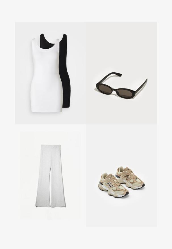 Jachetă scurtă din blană artificială albă, cu guler larg, mâneci lungi și suprafață texturată; prezintă o închidere ascunsă în față și căptușeală moale.; Două topuri fără mâneci: unul alb și unul negru, realizate dintr-un material moale și elastic, cu un decolteu în formă de semicerc și un design ajustat.; Pantaloni largi de culoare gri deschis, confecționați dintr-un material moale, având o talie înaltă și fante pe laterale pentru un plus de fluiditate și confort.; Adidași bej din materiale mesh și suede. Prezintă un logo negru și accente texturate. Talpă intermediară albă groasă și talpă exterioară din cauciuc negru.; Ochelari de soare negri cu lentile ovale, semi-rimless. Rame lucioase și brațe elegante. Lentile de culoare închisă cu detalii hardware minime.