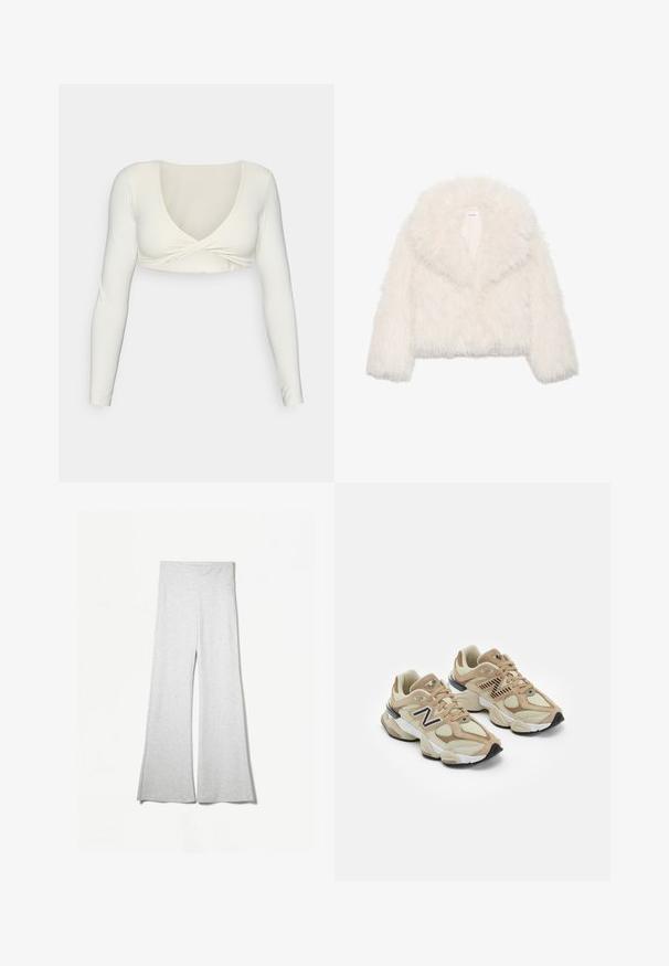 Fehér műszőrme rövidített dzseki széles gallérral, hosszú ujjal és texturált felülettel; rejtett elülső záródása és puha bélése van.; Fehér, hosszú ujjú crop top mély V-nyakkivágással és csavart elülső dizájnnal, sima, rugalmas anyagból készült.; Világosszürke, rakott szárú nadrág, puha anyagból készült, magas derékkal és oldalslícekkel a könnyedebb mozgásért és kényelemért.; Beige sportcipők hálós és bőrszövet anyagból. Fekete logóval és texturált részletekkel rendelkezik. Vastag fehér középtalpa és fekete gumi talpa van.
