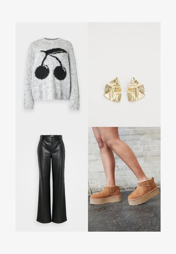 Hnědá umělá kožešinová zkrácená bunda s měkkým, texturovaným povrchem, která má límeček a dlouhé rukávy, navržená v moderním siluetu.; Noisy May NMSUTTON CHERRY - Svetr - light grey melange; ONLY Tall ONLSMOOTH WIDE - Kalhoty - black; Hnědé semišové kotníkové boty s měkkou podšívkou, silnou béžovou platformou a zadním poutkem. Texturovaný povrch s viditelnými švy.; Zlaté kovové náušnice s vlnitým designem; hladký, lesklý povrch; asymetrický tvar; žádné viditelné vzory nebo hardware.