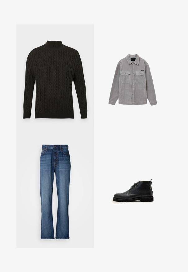 Grijze corduroy overhemdjasje met een kraag, twee voorflapzakken, drukknoopsluiting en lange mouwen. Heeft gestructureerde verticale strepen.; Zwarte gebreide trui met een hoge col, textuur kabelontwerp, lange mouwen en geribbelde manchetten en zoom.; Blauwe denim jeans met een hoge taille, uitlopende pijpen, vijf-vaks ontwerp en tonale stiksels. Bevat een knopenfly en gestikte zakken.; Zwarte leren enkellaarzen met een gestructureerde afwerking, vetersluiting, ronde neus en rubberen zool met profiel voor grip.