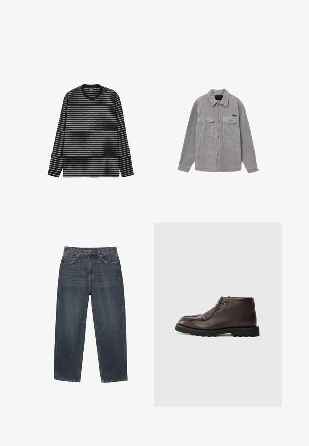 Harmaa corduroy-paitajakku, jossa on kaulus, kaksi etutaskua kannella, läpännappi-kiinnitys ja pitkät hihat. Sisältää teksturoituja pystysuoria raidoituksia.; Pitkähihainen mustavalkoinen raitapaita, joka on valmistettu pehmeästä puuvillasta. Sisältää pyöreän kauluksen ja erottuvan mustan ribbikauluksen.; Tummansininen farkkutakki, jossa suora lahjemuotoilu, viisi taskua, vyölenkit ja hienovarainen haalistuminen materiaalissa. Ompeleet hemityksissä.; Ruskean nahkaiset nilkkakengät pyöreällä varpaalla, joissa on metalliset rei'ät nauhoille, ommeltu yksityiskohtia ja karkea musta kumipohja.