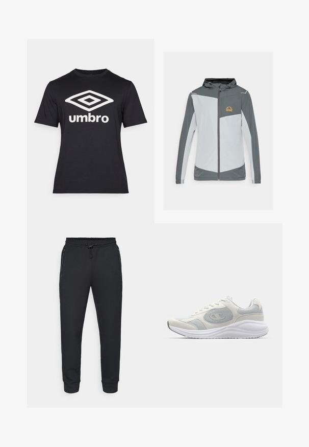 Športový sveter v sivej a svetlosivej farbe so zipsom vpredu, kapucňou a náprsnou vreckom s žltým logom, vyrobený z ľahkej textílie.; Čierne tričko s krátkym rukávom vyrobené z bavlny, s veľkým bielym diamantom a textom "umbro" na prednej strane. Klasický strih.; Čierne športové tepláky s elastickým pásom na šnúrku, bočnými zipsovými vreckami a rebrovanými manžetami. Vyrobené z mäkkej, textúrovanej tkaniny.; Biele atletické tenisky s svetlošedými akcentmi, materiálmi sietnice a semišu, zaoblenou špičkou, štruktúrovanou podrážkou a viditeľným logom značky na boku.