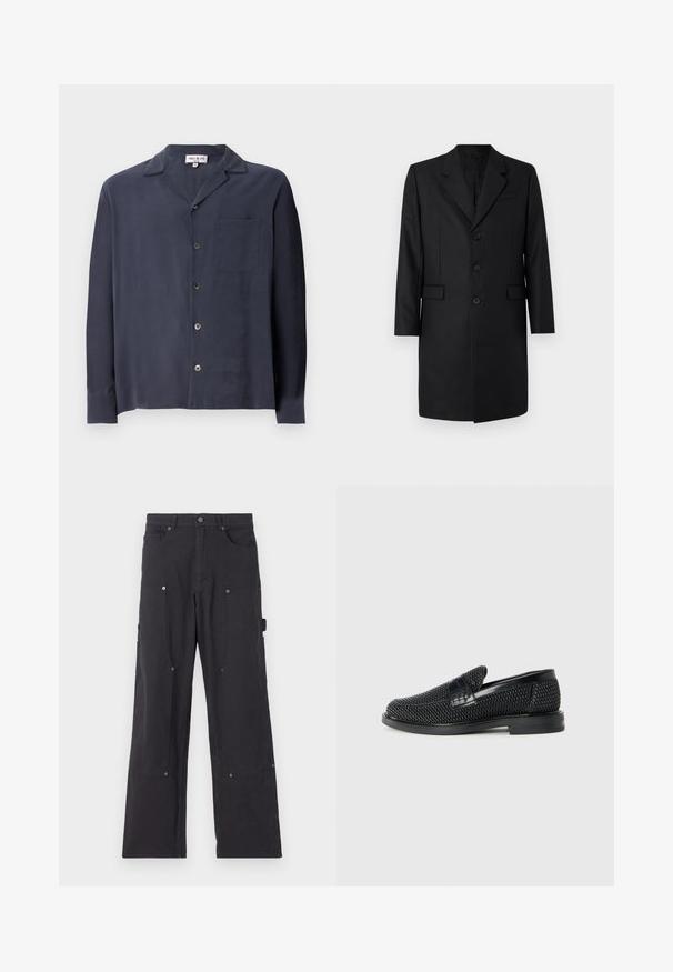 Juodas pritaikytas paltas su notch tipo apykakle, dviem priekinėmis kišenėmis, vieno mygtuko dizainu ir trimis mygtukais. Lygus audinys su aukštos kokybės apdaila.; Tamsiai mėlyna mygtukinė marška, pagaminta iš lygaus audinio, su apykakle, ilgomis rankovėmis, krūtine kišene ir sidabro spalvos mygtukais.; Juodos cargo kelnės, pagamintos iš tvirto audinio, su tiesiomis kojomis, turinčios priekines kišenes, spaudėmis ir šonines naudingas kišenes.; Juodas pintas slip-on tipo batelis su lygiu odiniu akcentu viršuje, apvalios nosies dizainas ir žemas guminis padas.