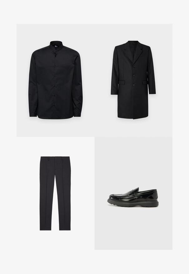 Must mustriba jope, millel on sakiline krae, kaks esikotti, ühekordne disain ja kolm nuppu. Sile kangas kvaliteetse viimistlusega.; Must mustärane pika varrukaga särk, millel on mandariinikaelus, eest nööpidega sulgemine ja sile puuvillane tekstuur. Mustrisid ega lisaaktsente ei ole.; The Kooples Ülikonnapüksid - black; Must musta nahk loafer läikiva viimistlusega, ümar varvas, delikaatsed õmblusdetailid ja paks kummist tallad vastupidavuse tagamiseks.