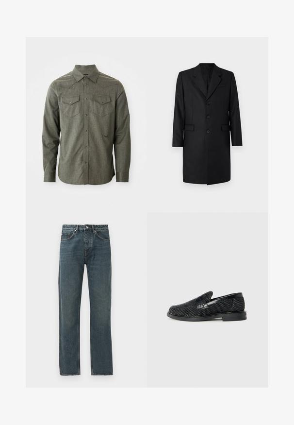 Zwart op maat gemaakte jas met een notch-revers, twee voorkanten zakken, een enkelsluiter ontwerp en drie knopen. Glad materiaal met een premium afwerking.; Groene, langetermijn blouse met knopen, gemaakt van gestructureerde stof. Bevat twee borstzakken en een puntkraag met western-stijl schouderdetails.; Donkerblauwe denim jeans met een rechte pijp, voorzien van vijf zakken, een knoopsluiting en contrasterende stiksels.; Zwartegeweven instap schoenen met een glad leren accent aan de bovenkant, een ronde neusontwerp en een laag profiel rubberen zool.