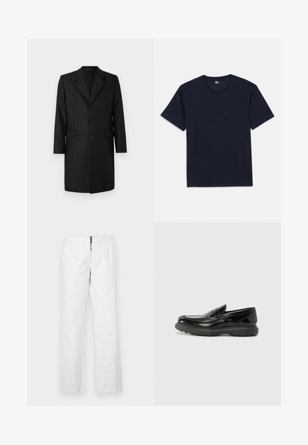 Svart skräddarsydd kappa med ett snibbkrage, två framfickor, enkelknäppning och tre knappar. Slät tyg med en premium finish.; Mörkblå bomulls t-shirt med korta ärmar, rund halsringning och minimala sömnadsdetaljer. Enkel design utan synliga mönster eller accent.; Vita, vida byxor med texturerad yta. Har en midje som sitter i midjan och en framdragkedja med metallstängning.; Svart läderloaferskor med en glänsande yta, rund tå, diskreta söm detaljer och en tjock gummisula för hållbarhet.