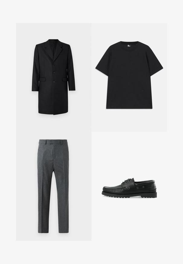 Abrigo negro a medida con solapa de muesca, dos bolsillos frontales, diseño de un solo botón y tres botones. Tejido suave con un acabado de primera calidad.; Camiseta de algodón de manga corta en color negro, con cuello redondo y un pequeño logo cerca del dobladillo. Textura suave, corte regular.; Pantalones grises ajustados con un fino estampado de cuadro, diseño de pierna recta y una textura de tela suave. Cuenta con trabillas para cinturón y cierre de cremallera.; Zapatos de barco de cuero negro con superficie texturizada, diseño de cordones, suela de goma con tracción y ojales de metal a los lados.