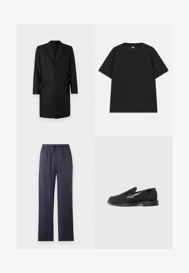 Juodas pritaikytas paltas su notch tipo apykakle, dviem priekinėmis kišenėmis, vieno mygtuko dizainu ir trimis mygtukais. Lygus audinys su aukštos kokybės apdaila.; Juoda trumpomis rankovėmis marškinėliai iš medvilnės, su apvalia iškirpte ir mažo logo detale šalia apatinės siūlės. Lygus paviršius, standartinė silueto forma.; Tamsiai mėlynos, laisvai krentanančios kelnės, pagamintos iš minkštos medžiagos, su elastinga juosmens juosta ir reguliuojamu raišteliu. Tiesios kelnės, be kišenių.; Juodas pintas slip-on tipo batelis su lygiu odiniu akcentu viršuje, apvalios nosies dizainas ir žemas guminis padas.