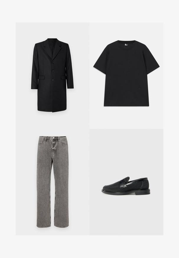 Abrigo negro a medida con solapa de muesca, dos bolsillos frontales, diseño de un solo botón y tres botones. Tejido suave con un acabado de primera calidad.; Camiseta de algodón de manga corta en color negro, con cuello redondo y un pequeño logo cerca del dobladillo. Textura suave, corte regular.; Jeans de mezclilla gris con corte recto, diseño de cinco bolsillos y cierre de botón en la cintura. Textura sutilmente deslavada en toda la prenda.; Zapato negro de tejido con un acento de cuero suave en la parte superior, diseño de punta redonda y suela de goma de perfil bajo.