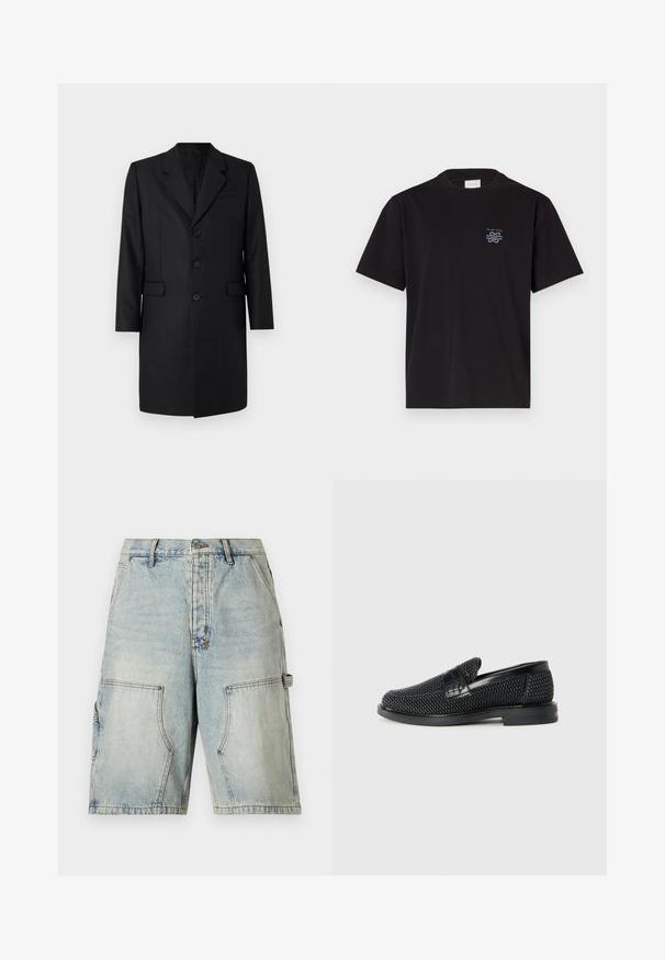 Zwart op maat gemaakte jas met een notch-revers, twee voorkanten zakken, een enkelsluiter ontwerp en drie knopen. Glad materiaal met een premium afwerking.; Zwarte katoenen T-shirt met een ronde hals en korte mouwen. Heeft een klein blauw logo op de linkerkant van de borst. Eenvoudig, recht gesneden ontwerp.; Lichtblauwe denim cargoshorts met een relaxed fit, voorzien van twee voorzakken en een zijzak, verstevigde stiksels en een knoopsluiting.; Zwartegeweven instap schoenen met een glad leren accent aan de bovenkant, een ronde neusontwerp en een laag profiel rubberen zool.
